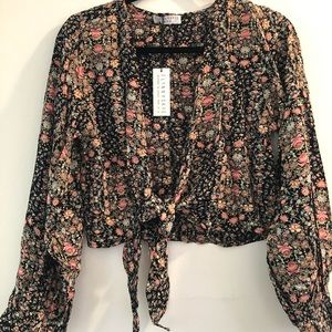 NWT Flynn Skye Lenox Black Floral Front Tie Top